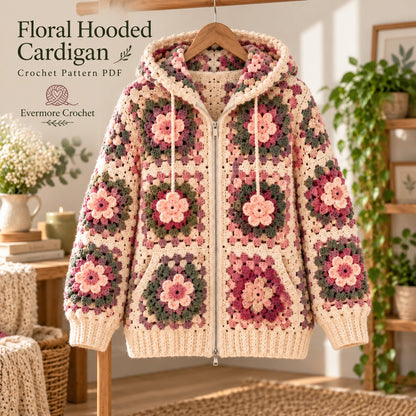 3D Flower Granny Square Hoodie Crochet Pattern – Oversized Zip-Up Cardigan PDF