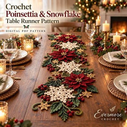 Christmas Poinsettia Snowflake Table Runner Crochet Pattern PDF – 68–72 in Holiday Centerpiece