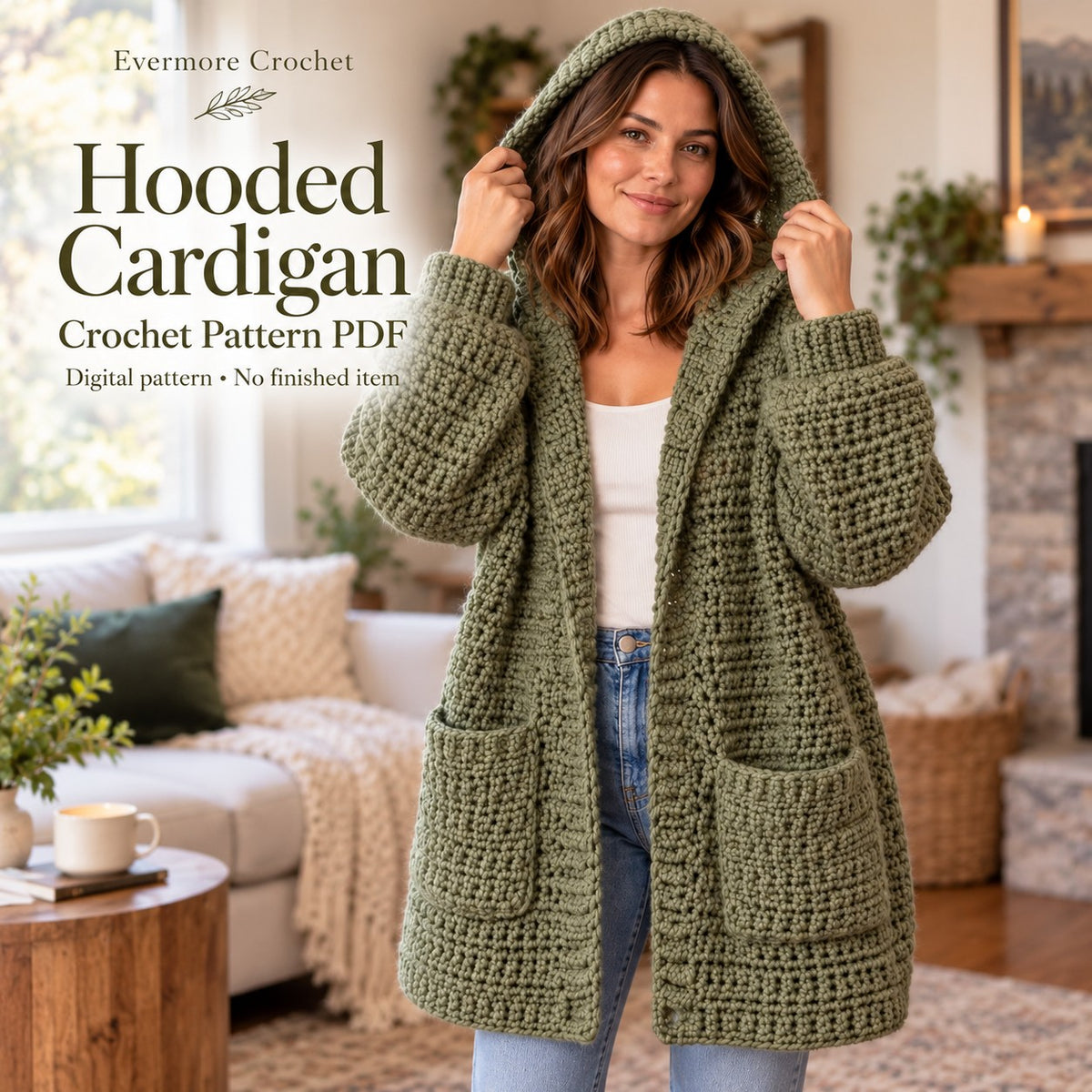Crochet Hooded Cardigan Pattern PDF – Chunky Textured Oversized Pocket Sweater