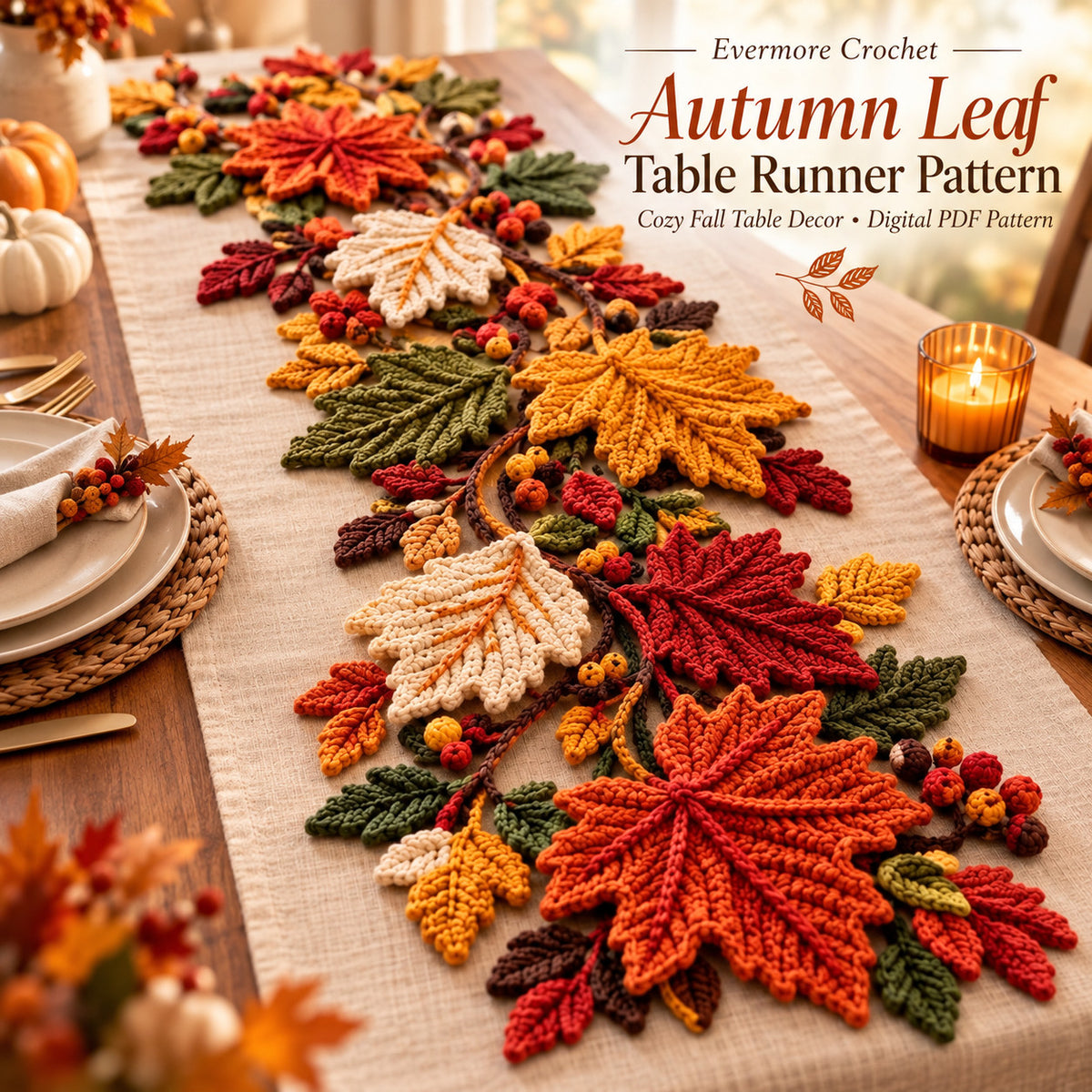 Maple Leaf Crochet Pattern PDF – Fall Table Runner & Thanksgiving Decor