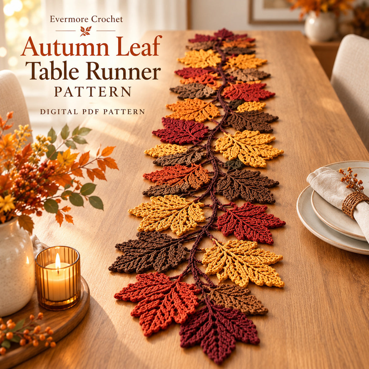 Crochet Autumn Leaf Table Runner Pattern PDF – Oak & Maple Leaves