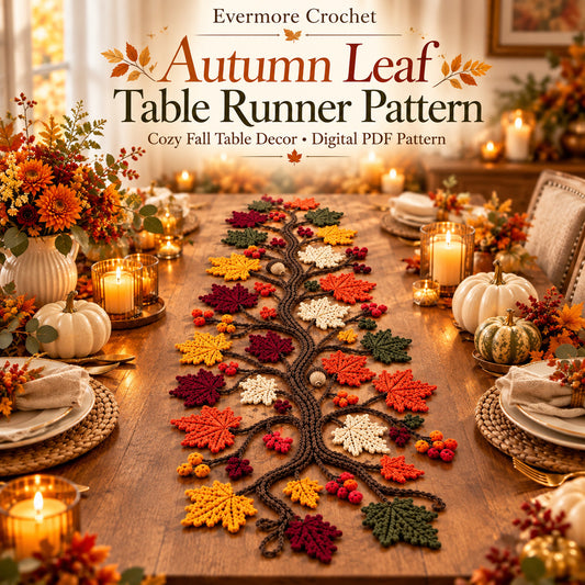 Autumn Tree Table Runner Crochet Pattern PDF – Maple Leaves, Berries & Acorns
