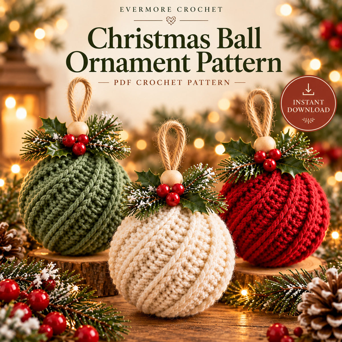 Crochet Christmas Ornament Pattern PDF – Twisted-Rib Bauble, Wooden Bead & Linen Bow