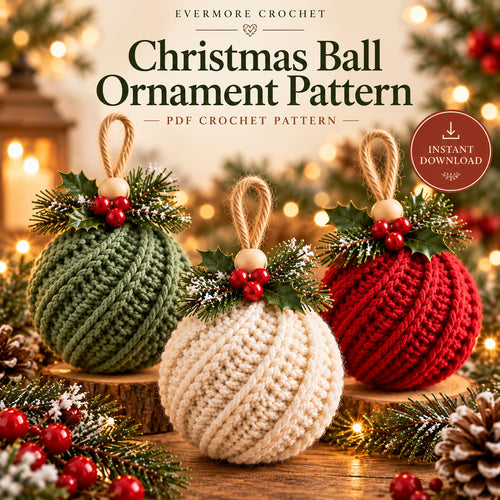 Crochet Christmas Ornament Pattern PDF – Twisted-Rib Bauble, Wooden Bead & Linen Bow