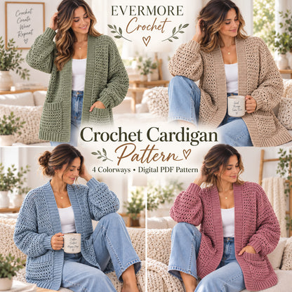 Willow Crochet Cardigan Pattern PDF – Open Front with Pockets, XS–3XL