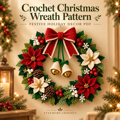 Crochet Christmas Wreath Pattern PDF – Poinsettia, Bow, Bells & Holiday Decor