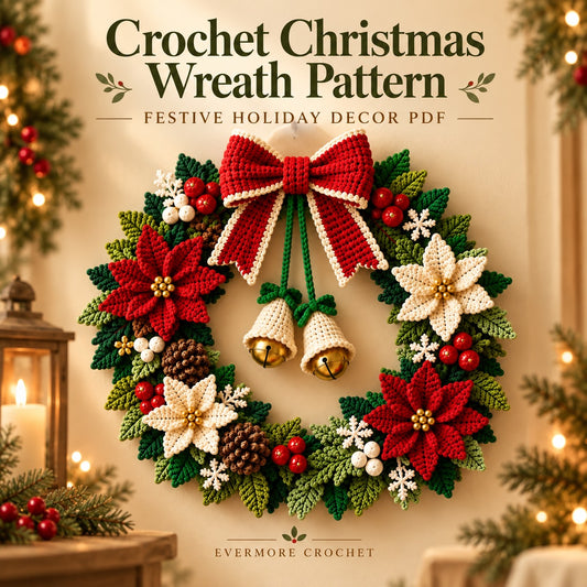 Crochet Christmas Wreath Pattern PDF – Poinsettia, Bow, Bells & Holiday Decor