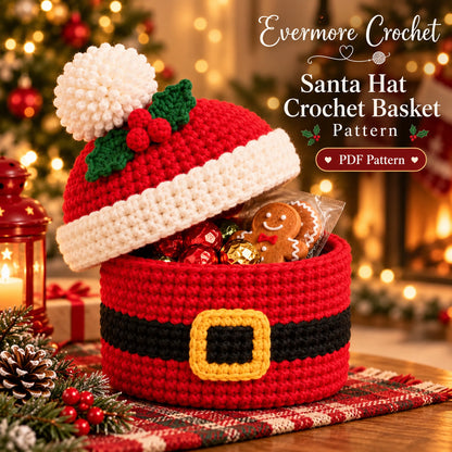 Crochet Santa Gift Basket Pattern PDF – Christmas Treat Basket with Hat Lid