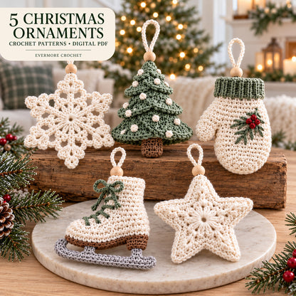 5 Christmas Ornament Crochet Patterns PDF – Snowflake, Tree, Star, Mitten & Ice Skate