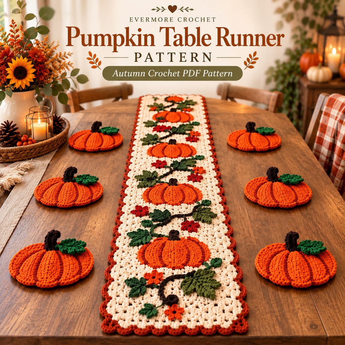 Crochet Pumpkin Table Runner Pattern PDF – Fall & Thanksgiving Decor