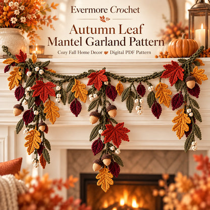 Crochet Fall Garland Pattern PDF – Maple Leaves, Acorns & Autumn Mantel Decor