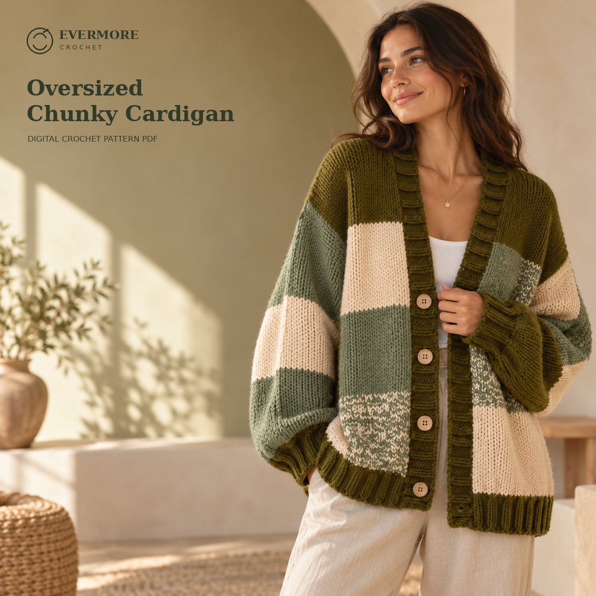 Patchwork Crochet Cardigan Pattern PDF, Sage & Olive Oversized Sweater, Knit Look Crochet Jacket