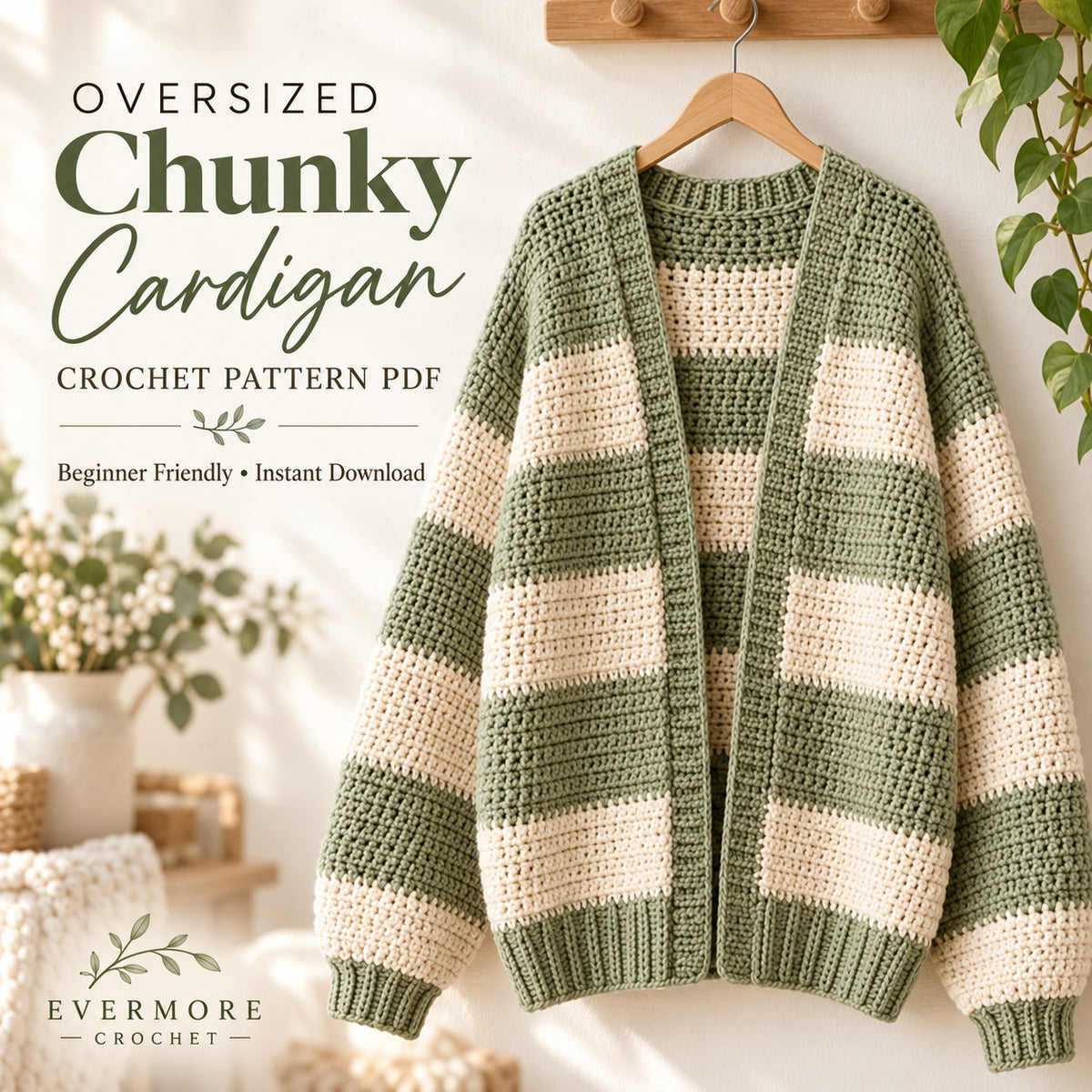 Oversized Chunky Cardigan Crochet Pattern PDF, Beginner Striped Sweater