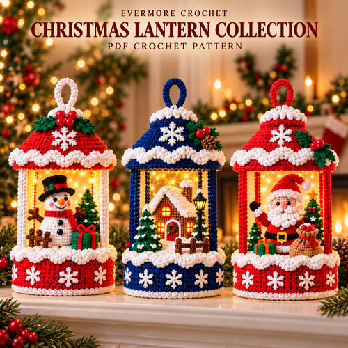 3 Christmas Lantern Crochet Patterns Bundle PDF – Snowman, Cottage & Santa