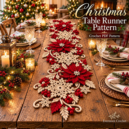 Poinsettia Snowflake Table Runner Crochet Pattern PDF – Christmas Table Decor