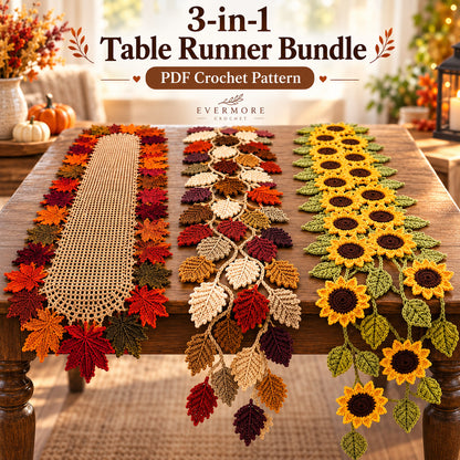 3 Crochet Table Runner Patterns Bundle PDF – Autumn Leaves & Sunflowers