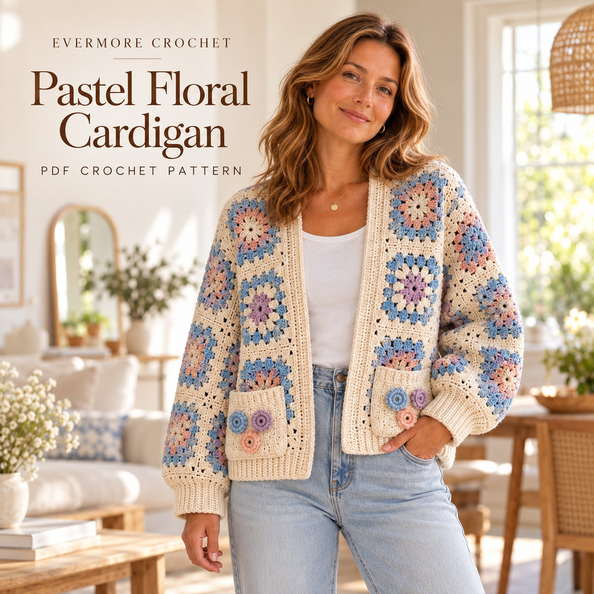 Floral Granny Square Cardigan Crochet Pattern PDF – Boho Pocket Sweater