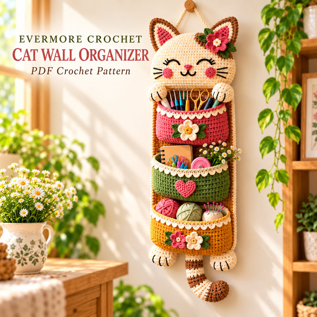Crochet Cat Wall Organizer Pattern PDF – 3 Pocket Hanging Storage