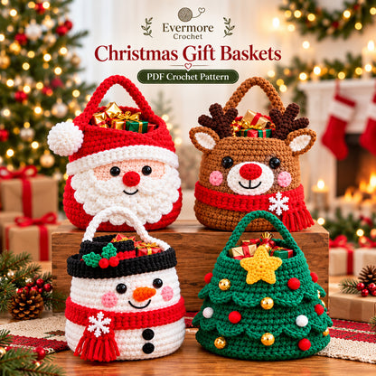 4 Christmas Gift Bag Crochet Patterns Bundle PDF – Santa, Reindeer, Snowman & Tree