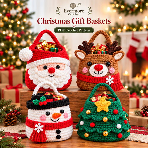 4 Christmas Gift Bag Crochet Patterns Bundle PDF – Santa, Reindeer, Snowman & Tree