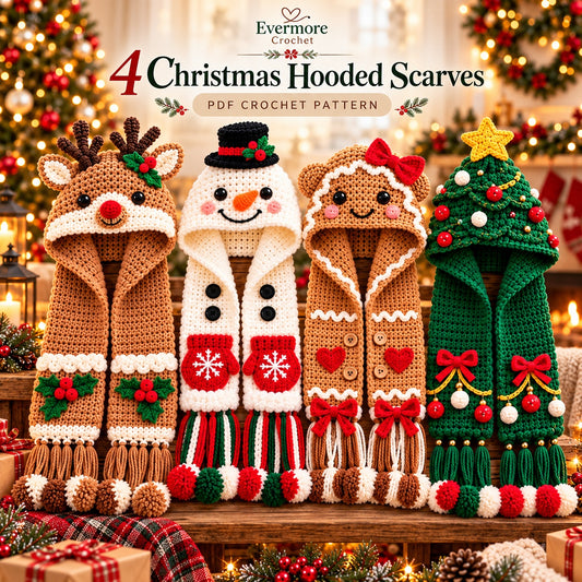 4 Christmas Hooded Scarf Crochet Patterns Bundle PDF – Reindeer, Snowman, Gingerbread & Tree