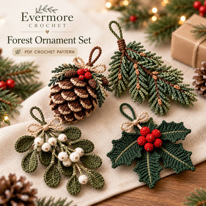 4-in-1 Christmas Botanical Ornament Crochet Pattern Bundle PDF – Pinecone, Spruce, Mistletoe & Holly