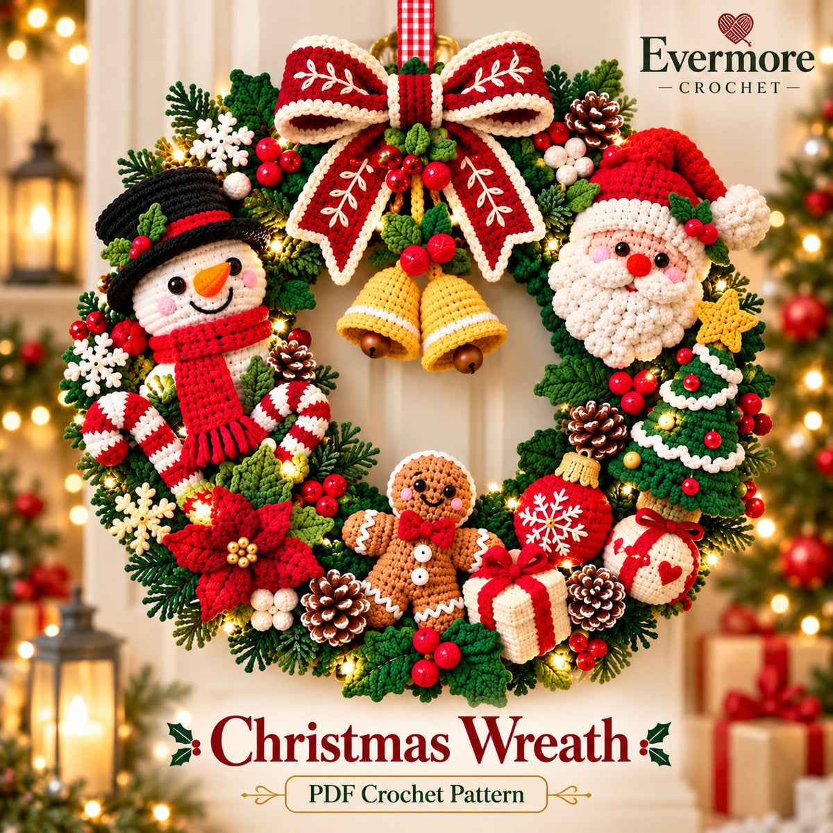 Christmas Wreath Crochet Pattern PDF – Santa, Snowman, Gingerbread & Poinsettia