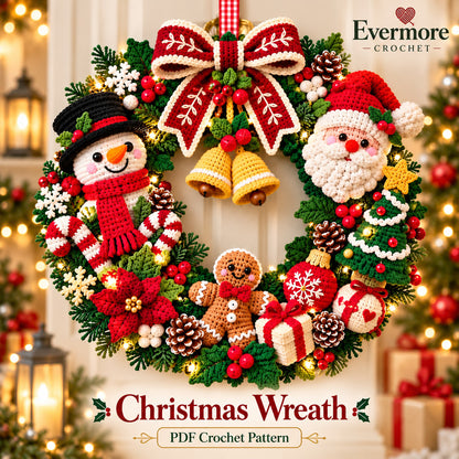 Christmas Wreath Crochet Pattern PDF – Santa, Snowman, Gingerbread & Poinsettia