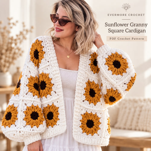Sunflower Granny Square Cardigan Crochet Pattern PDF – Oversized Floral Jacket