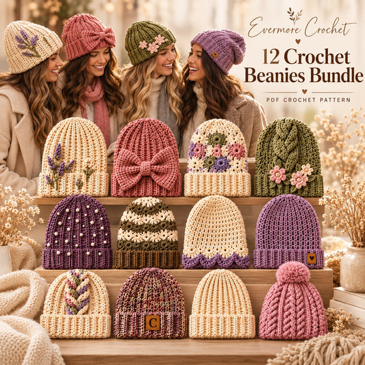 12 Crochet Beanie Patterns Bundle PDF – Modern Winter Hats, Bow, Floral & Chunky