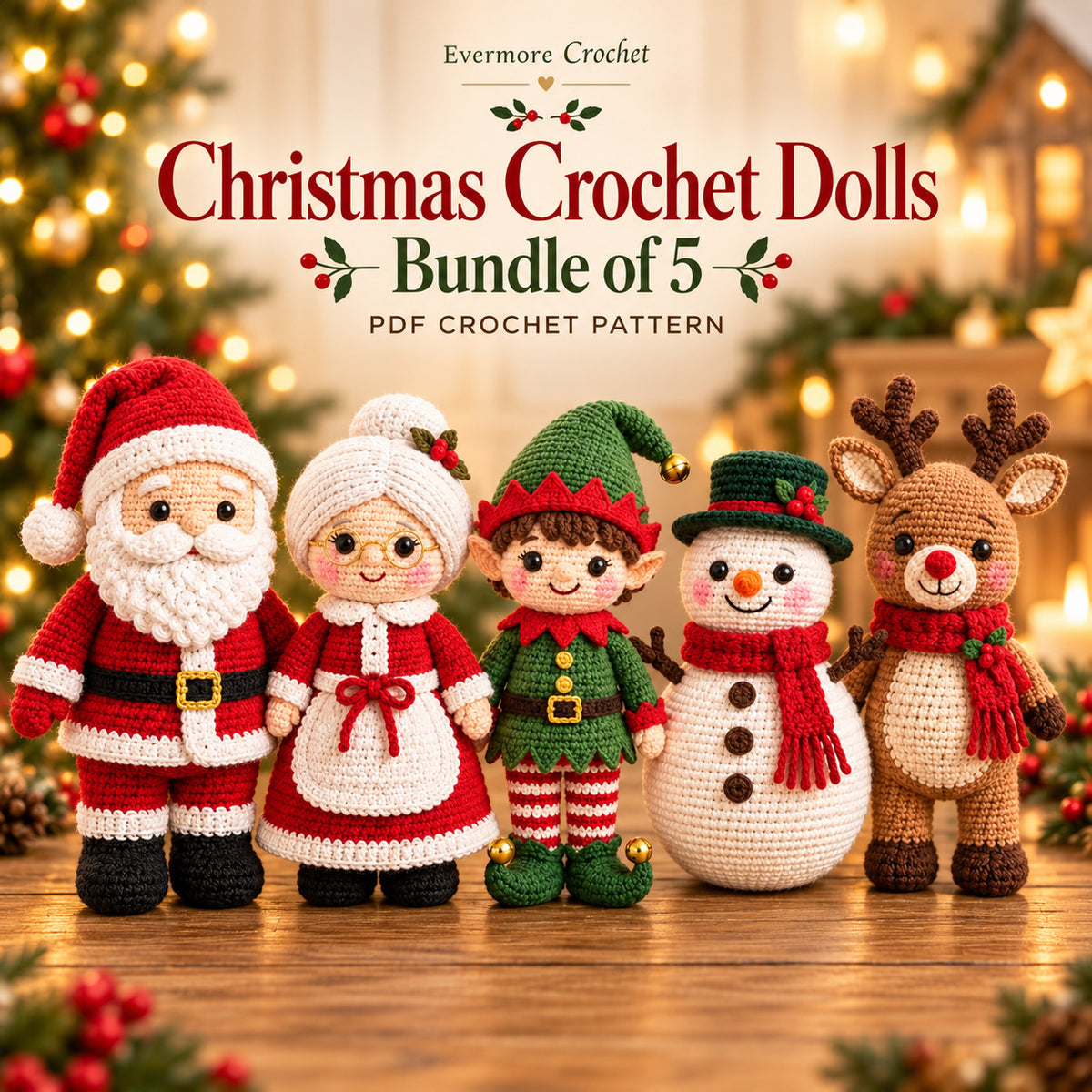 5 Christmas Crochet Doll Patterns Bundle PDF – Santa, Mrs Claus, Elf, Snowman & Reindeer