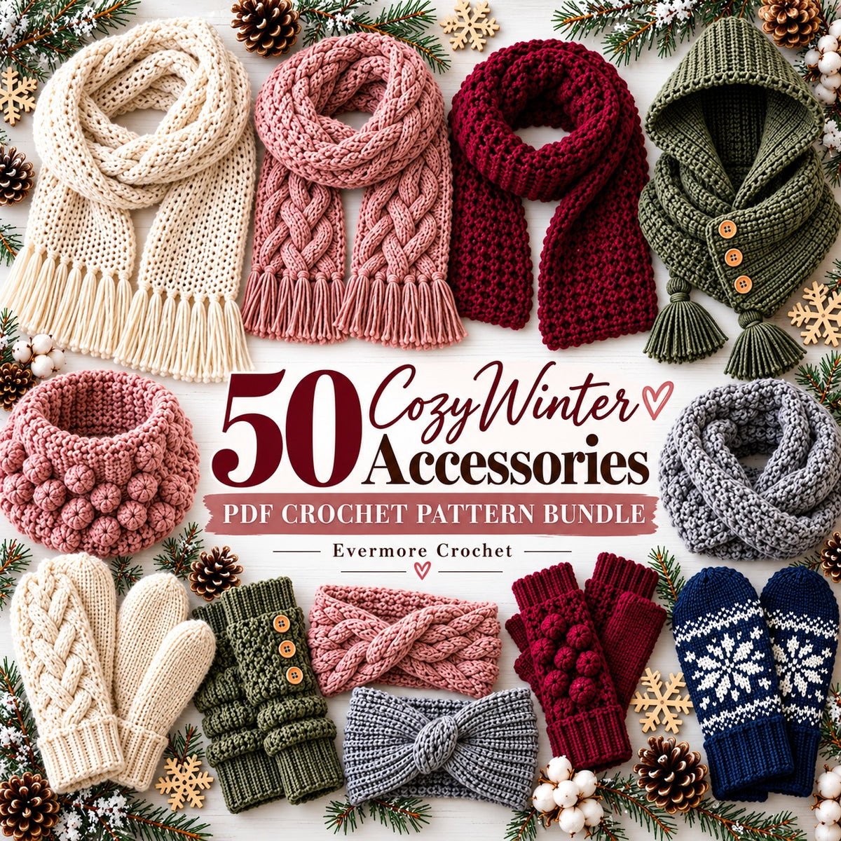 50 Winter Accessories Crochet Patterns Bundle PDF – Scarves, Mittens, Cowls & More