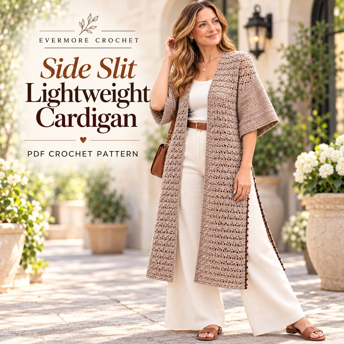 Long Lace Cardigan Crochet Pattern PDF – Open Front Cardigan with Side Slits