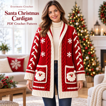 Christmas Santa Cable Cardigan Crochet Pattern PDF – Festive Sweater S–3XL