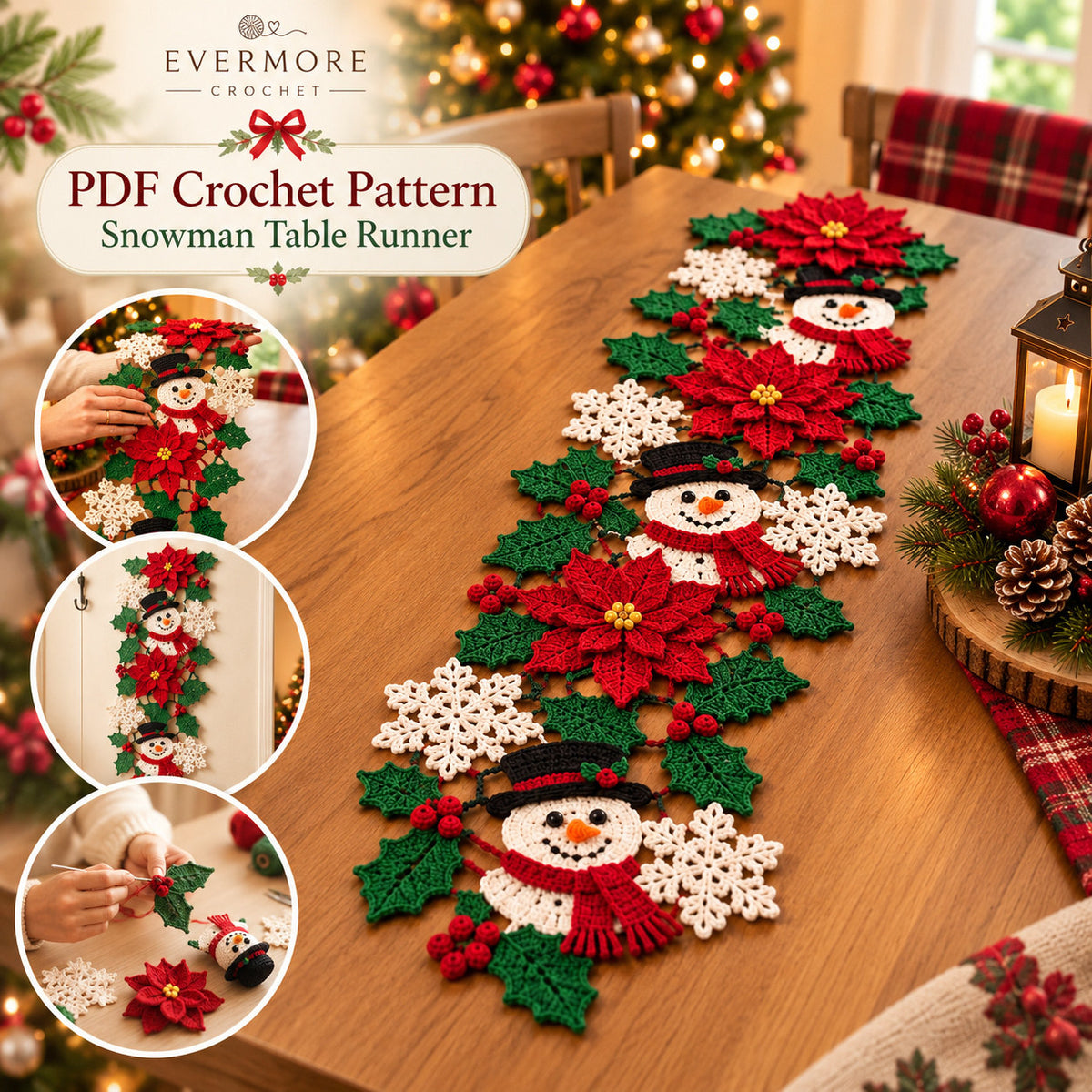 Christmas Table Runner Crochet Pattern PDF – Snowman, Poinsettia & Snowflake Decor