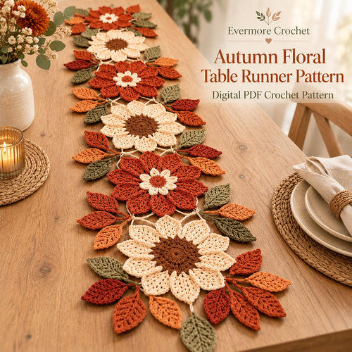 Crochet Table Runner Pattern PDF – Autumn Sunflower-Inspired Floral & Leaf Decor