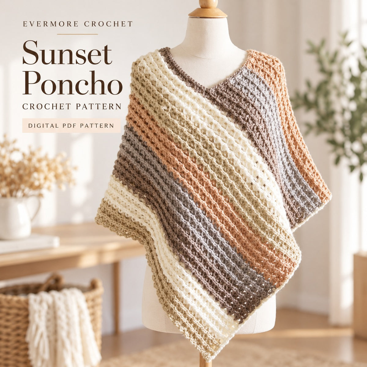 Sunset Poncho Crochet Pattern PDF, Asymmetrical V-Neck Crochet Poncho