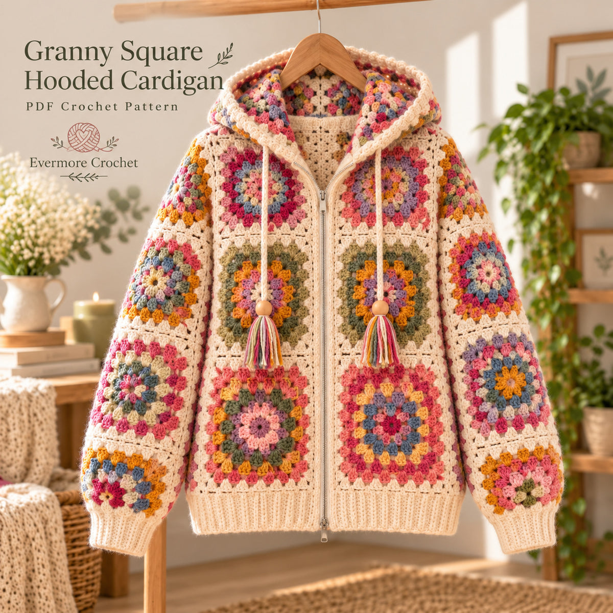 Granny Square Hooded Cardigan Crochet Pattern PDF – Zip Hoodie S–XL