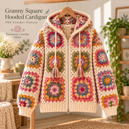 Granny Square Hooded Cardigan Crochet Pattern PDF – Zip Hoodie S–XL