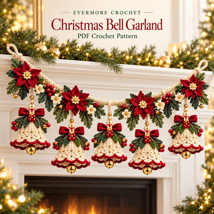 Christmas Bell Garland Crochet Pattern PDF – Poinsettia Holiday Decor