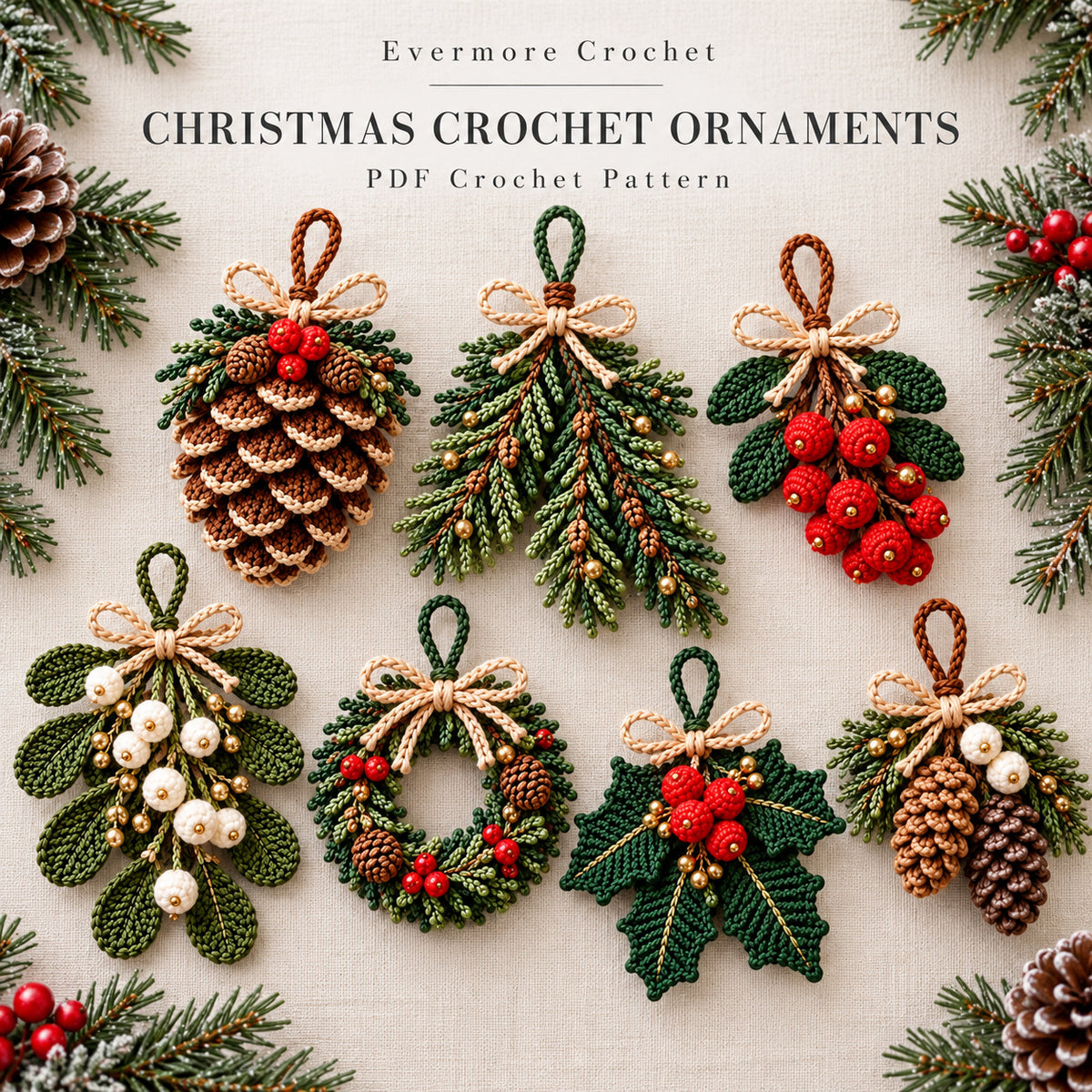4 Christmas Ornament Crochet Patterns Bundle PDF – Pinecone, Spruce, Mistletoe & Holly