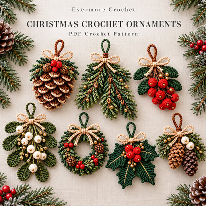 4 Christmas Ornament Crochet Patterns Bundle PDF – Pinecone, Spruce, Mistletoe & Holly