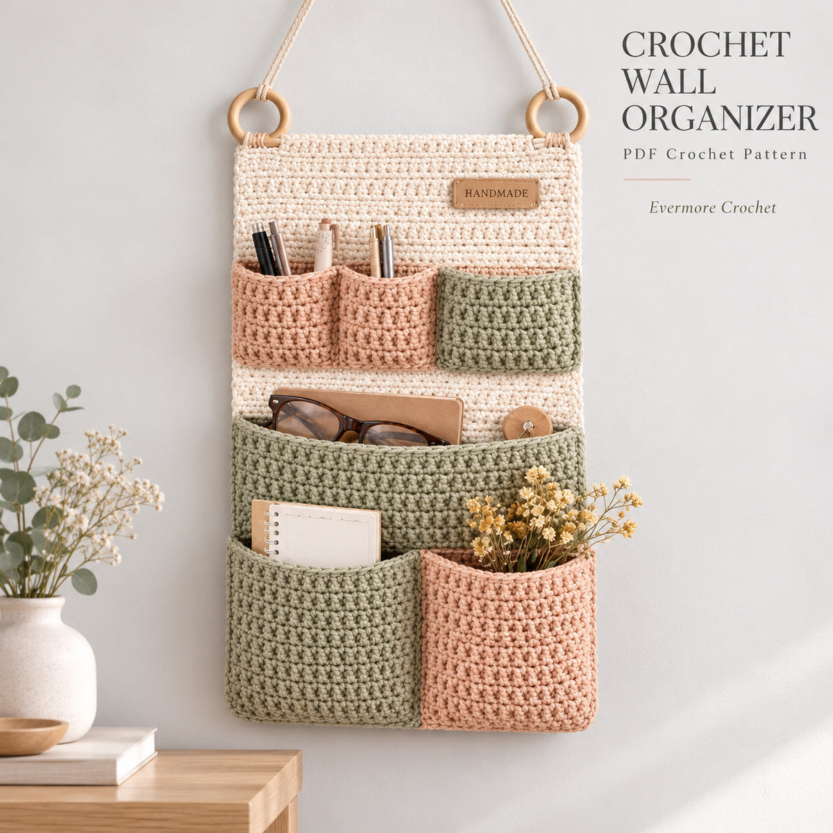 6 Pocket Crochet Wall Organizer Pattern PDF – Boho Hanging Storage