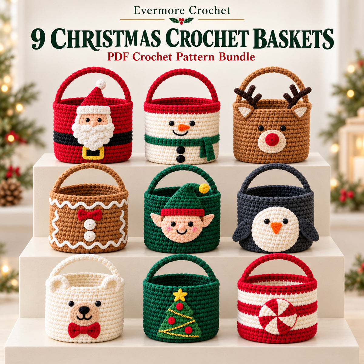 9 Christmas Crochet Basket Patterns Bundle PDF – Santa, Snowman, Reindeer & More