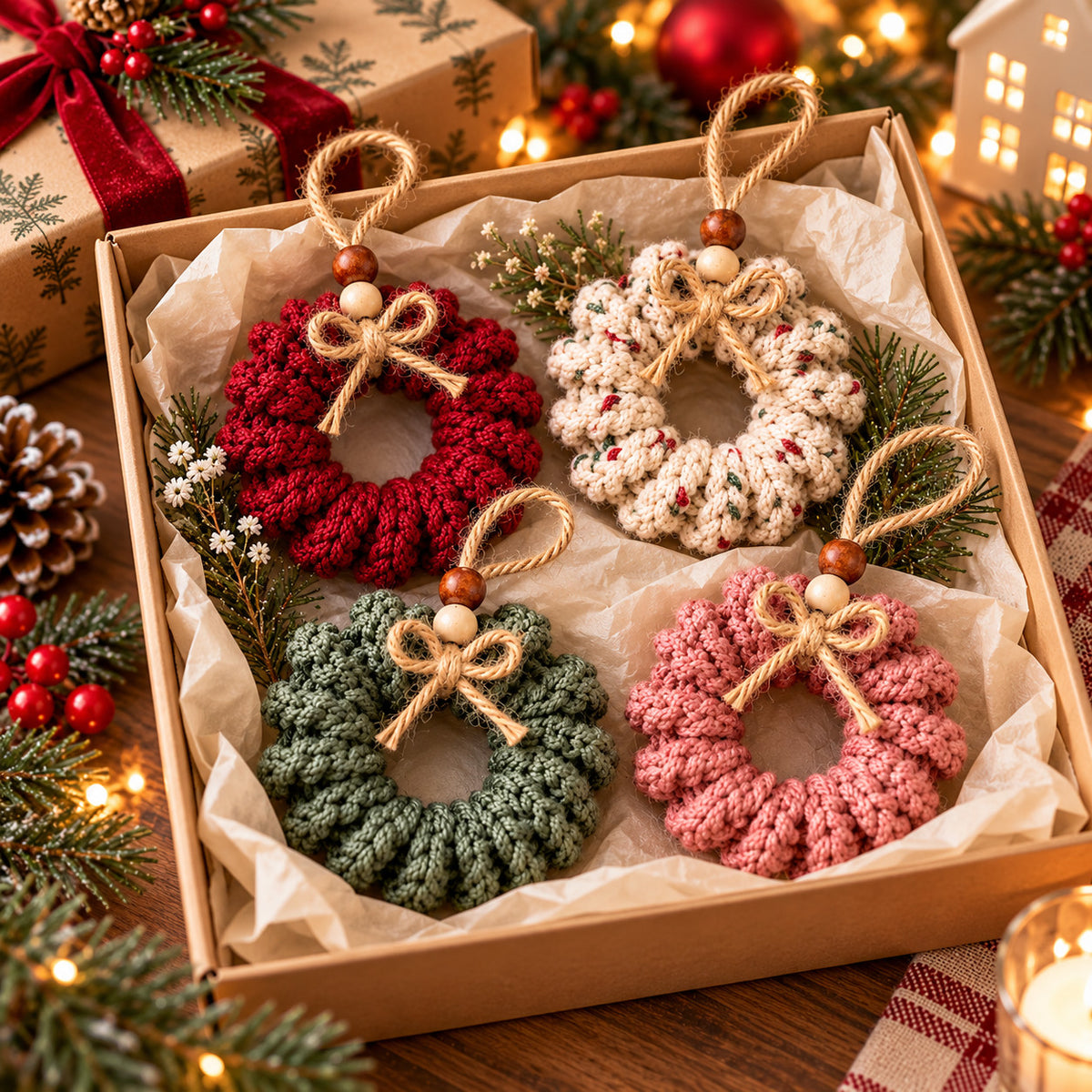 Curly Wreath Crochet Pattern PDF – Rustic Christmas Ornament & Gift Topper