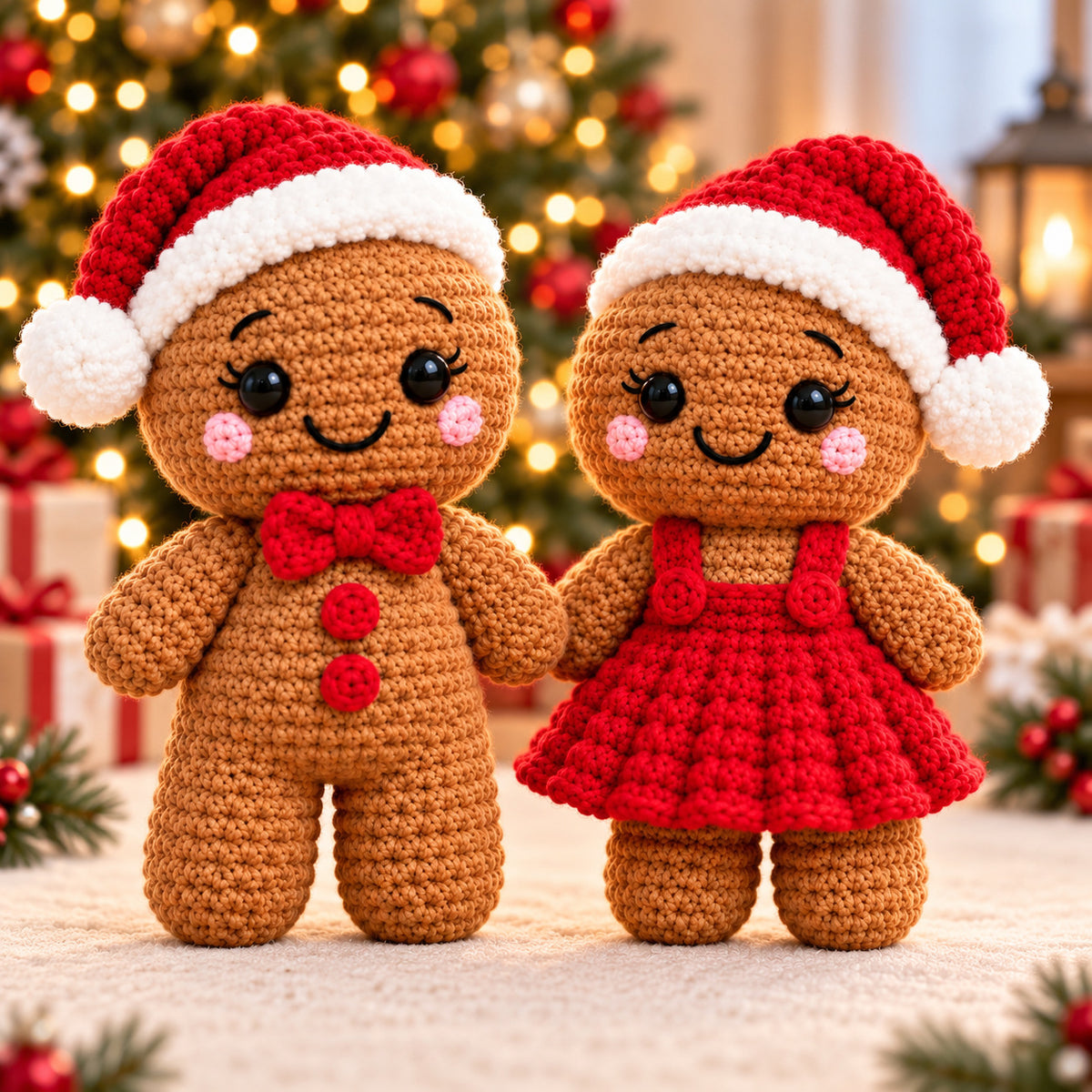 2 Gingerbread Christmas Doll Crochet Patterns PDF – Boy & Girl Santa Hat Couple