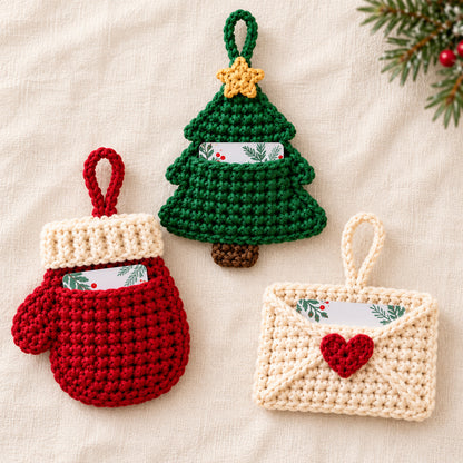 3 Christmas Gift Card Holder Crochet Patterns PDF – Heart, Mitten & Tree
