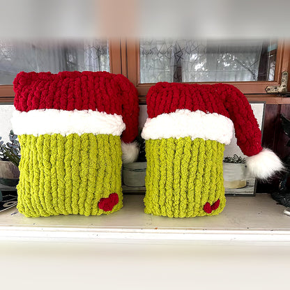 Mischievous Green Santa Pillow Hand Knit Pattern PDF – Chunky Christmas Decor