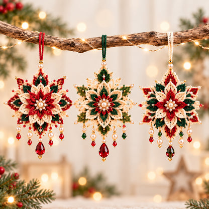 Poinsettia Crochet Ornament Pattern PDF – Set of 3 Beaded Christmas Flowers