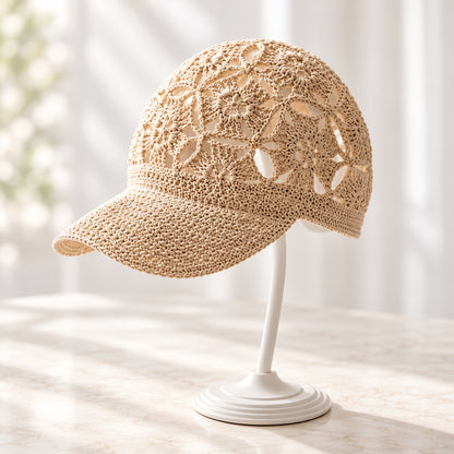 Floral Newsboy Cap Crochet Pattern PDF – Structured Brim Hat + Video Tutorial